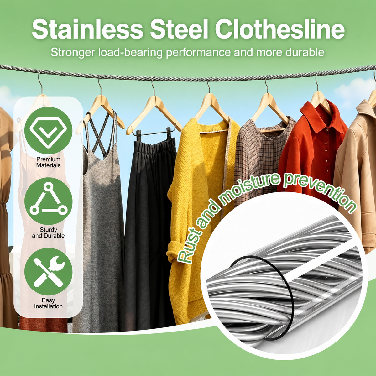 Portable Stainless Steel Clothesline Rope with Hooks (Buy 1 Get 1 Free)